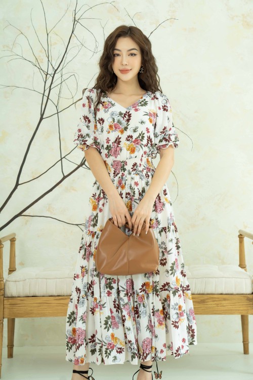 Sixdo Cream Floral Midi Chiffon Dress